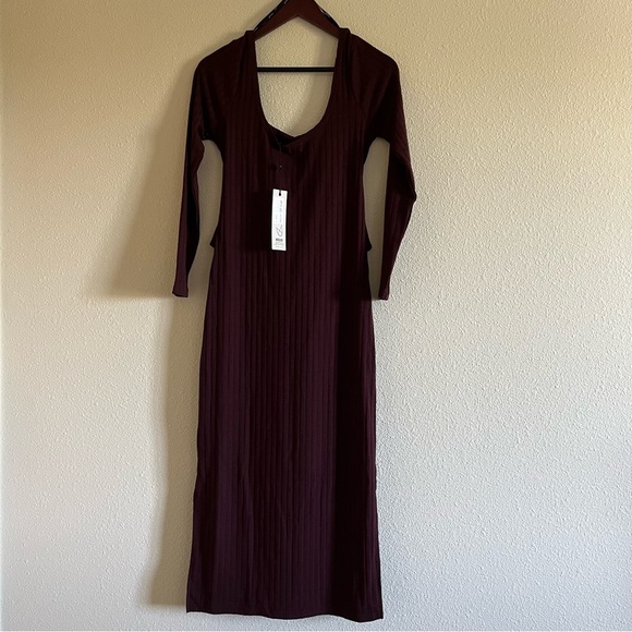 NWT MINKPINK Nora Ribbed Waist Tie Maroon Side Slit Midi Dress Size Medium - Picture 9 of 11